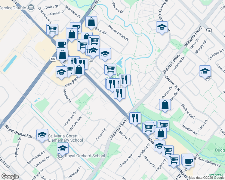 map of restaurants, bars, coffee shops, grocery stores, and more near 123 Brickyard Way in Brampton