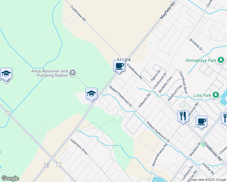 map of restaurants, bars, coffee shops, grocery stores, and more near 376 Robert Parkinson Drive in Brampton