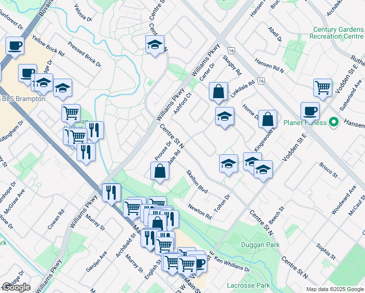 map of restaurants, bars, coffee shops, grocery stores, and more near Centre St N & Linkdale Rd in Brampton