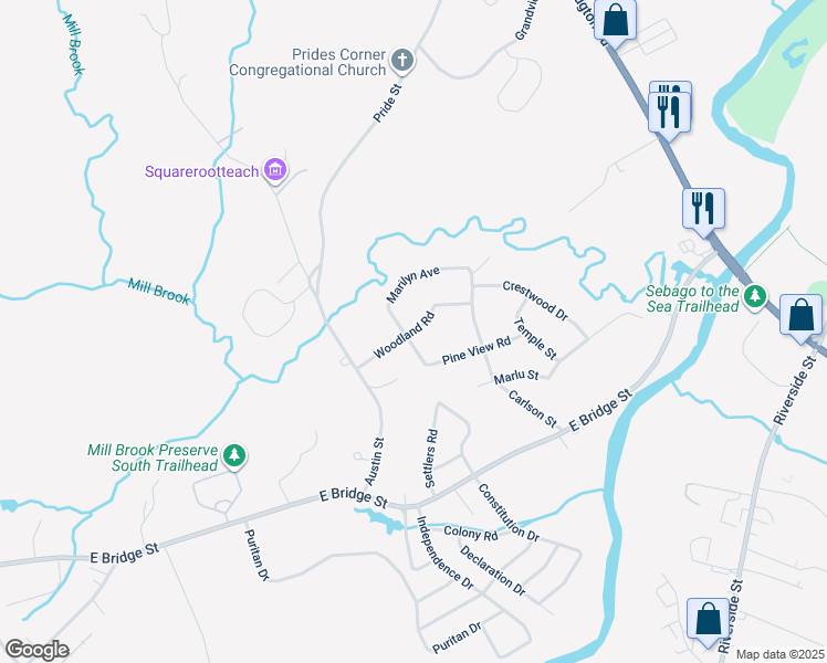 map of restaurants, bars, coffee shops, grocery stores, and more near Woodland Road in Westbrook