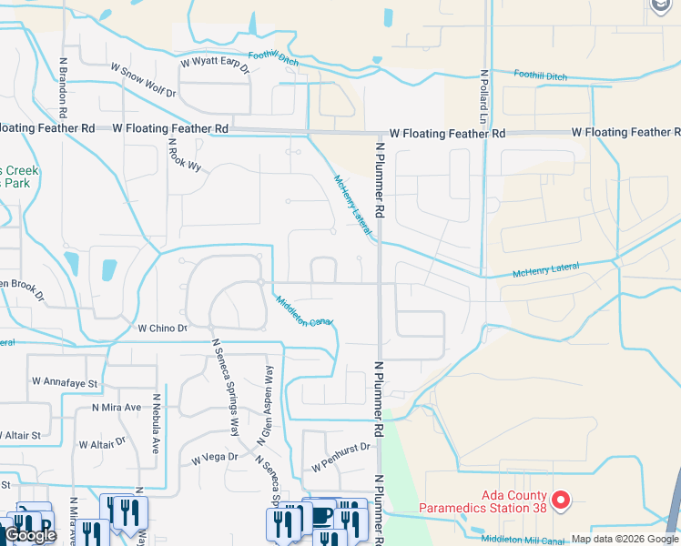 map of restaurants, bars, coffee shops, grocery stores, and more near 1086 North Redspire Avenue in Star