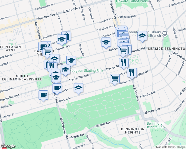 map of restaurants, bars, coffee shops, grocery stores, and more near 425 Davisville Avenue in Toronto