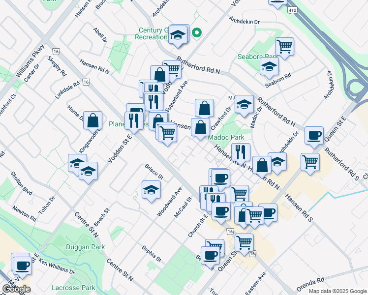 map of restaurants, bars, coffee shops, grocery stores, and more near 11-15 Marshall Drive in Brampton