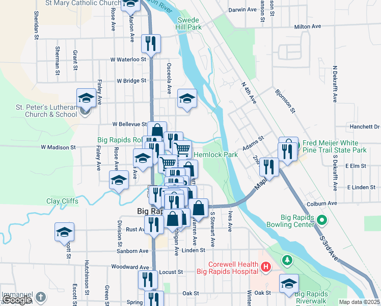 map of restaurants, bars, coffee shops, grocery stores, and more near 301 North Warren Avenue in Big Rapids