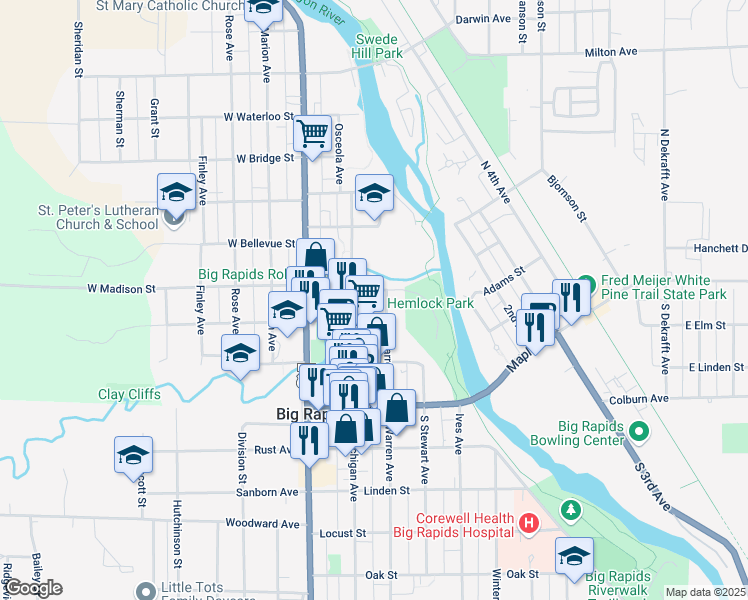 map of restaurants, bars, coffee shops, grocery stores, and more near 301 North Warren Avenue in Big Rapids