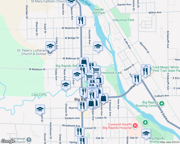 map of restaurants, bars, coffee shops, grocery stores, and more near 203 East Pine Street in Big Rapids
