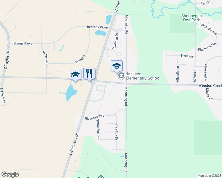 map of restaurants, bars, coffee shops, grocery stores, and more near 4715 Fox Grove Road in Sheboygan