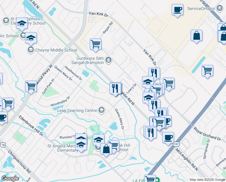 map of restaurants, bars, coffee shops, grocery stores, and more near 114 Tianalee Crescent in Brampton