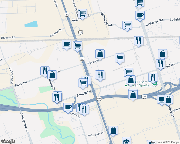 map of restaurants, bars, coffee shops, grocery stores, and more near 121 City View Drive in Toronto