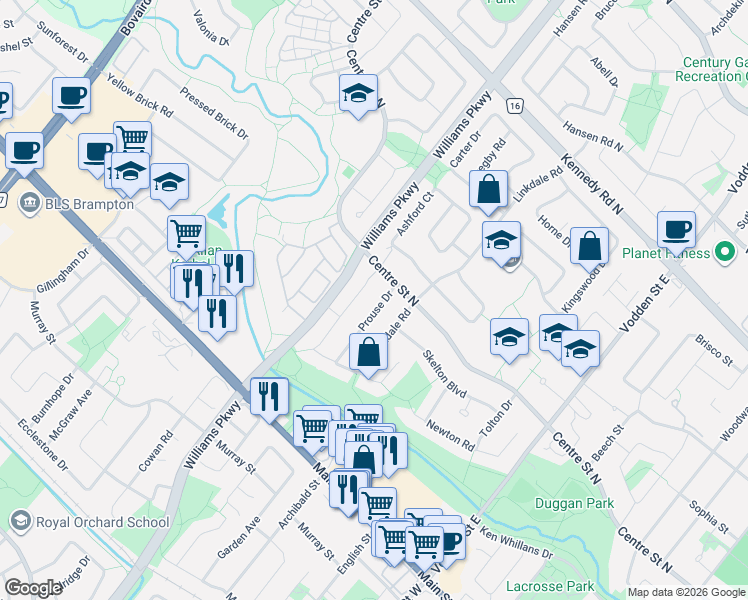 map of restaurants, bars, coffee shops, grocery stores, and more near 18 Prouse Drive in Brampton