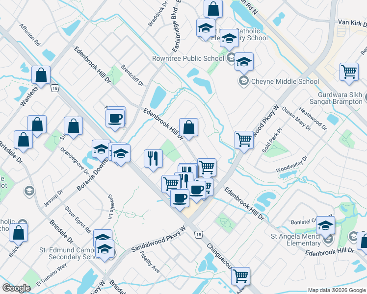 map of restaurants, bars, coffee shops, grocery stores, and more near 214 Edenbrook Hill Drive in Brampton