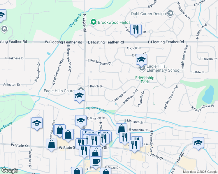 map of restaurants, bars, coffee shops, grocery stores, and more near 216 East Mango Drive in Eagle