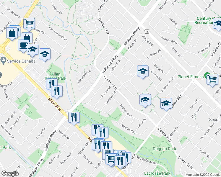 map of restaurants, bars, coffee shops, grocery stores, and more near 7 Prouse Drive in Brampton