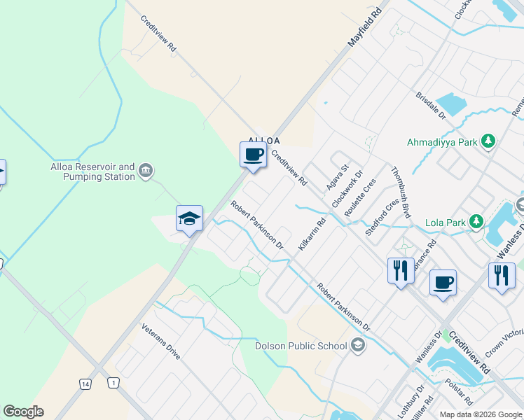 map of restaurants, bars, coffee shops, grocery stores, and more near 85 Humberstone Crescent in Brampton