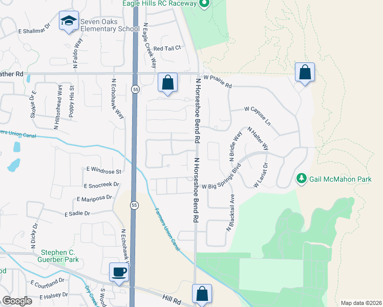 map of restaurants, bars, coffee shops, grocery stores, and more near 688 North Shadowfox Place in Eagle