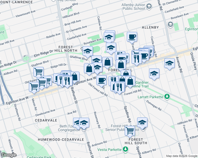 map of restaurants, bars, coffee shops, grocery stores, and more near 707 Eglinton Avenue West in Toronto
