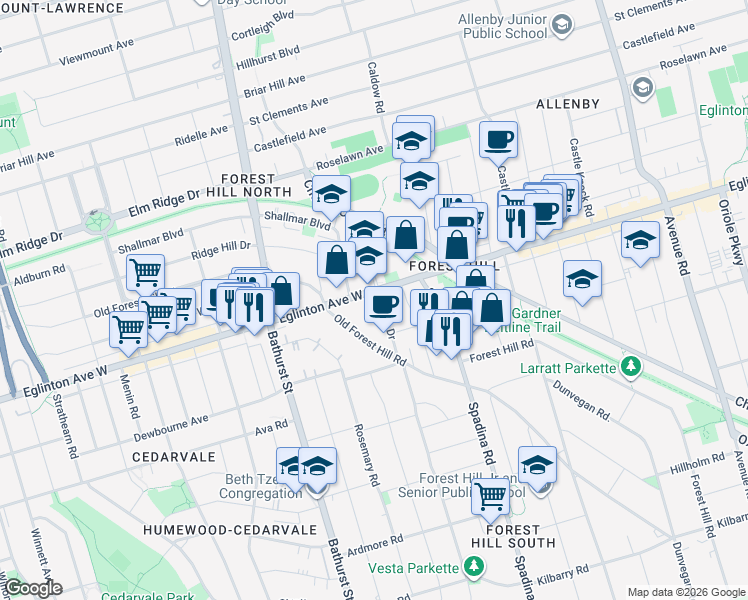 map of restaurants, bars, coffee shops, grocery stores, and more near 707 Eglinton Avenue West in Toronto