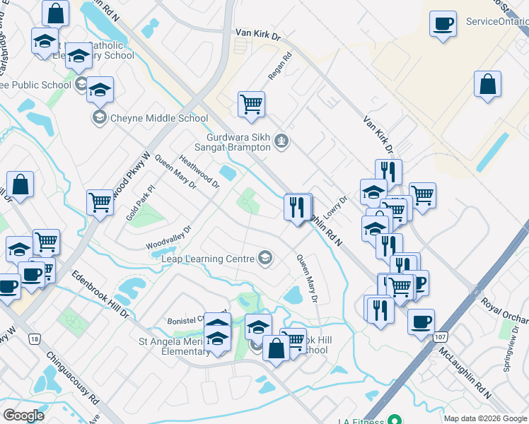 map of restaurants, bars, coffee shops, grocery stores, and more near in Brampton