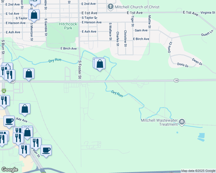 map of restaurants, bars, coffee shops, grocery stores, and more near in Mitchell