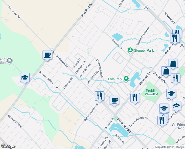 map of restaurants, bars, coffee shops, grocery stores, and more near 13 Stedford Crescent in Brampton