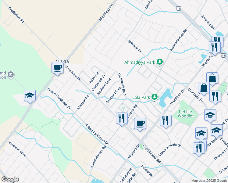 map of restaurants, bars, coffee shops, grocery stores, and more near 94 Stedford Crescent in Brampton