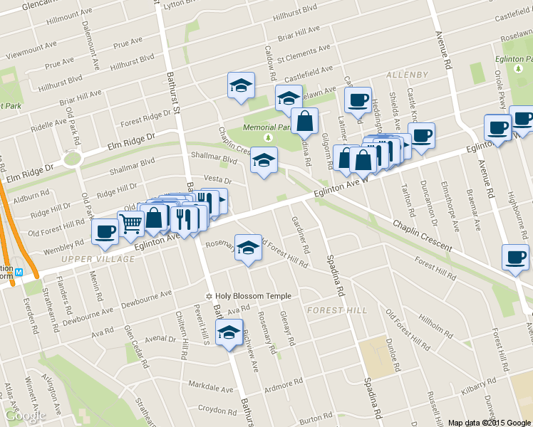 map of restaurants, bars, coffee shops, grocery stores, and more near in Toronto