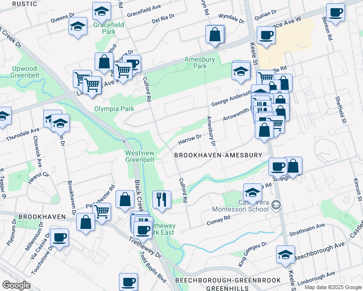 map of restaurants, bars, coffee shops, grocery stores, and more near in Toronto