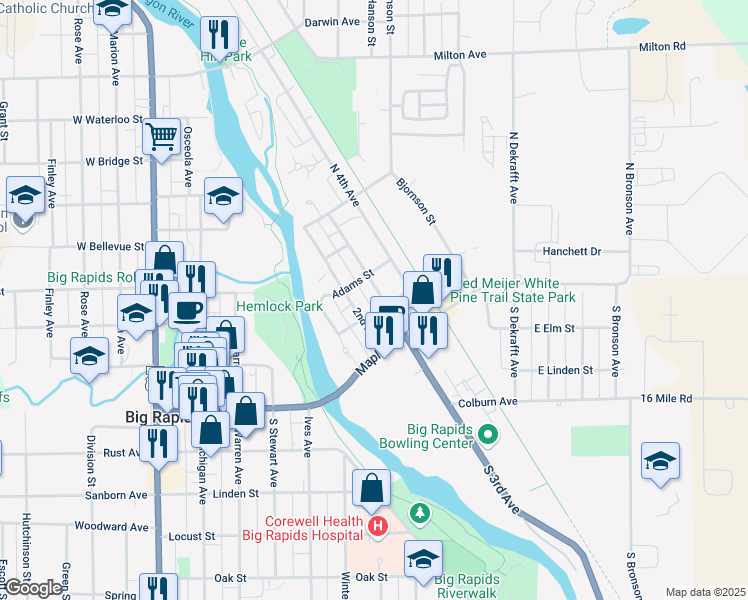 map of restaurants, bars, coffee shops, grocery stores, and more near 124 2nd Avenue in Big Rapids