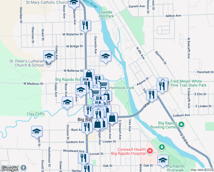 map of restaurants, bars, coffee shops, grocery stores, and more near 301 North Warren Avenue in Big Rapids