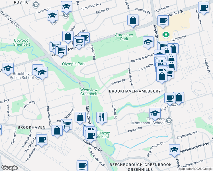 map of restaurants, bars, coffee shops, grocery stores, and more near 40 Harrow Drive in Toronto