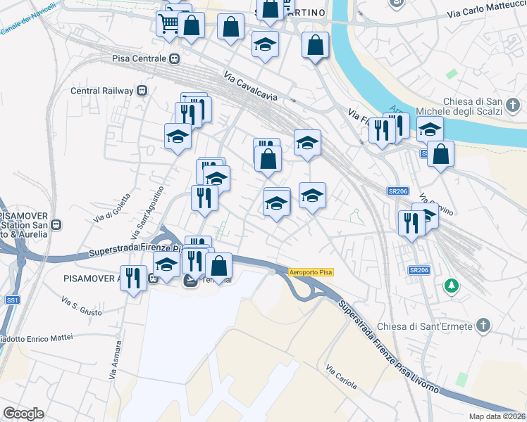 map of restaurants, bars, coffee shops, grocery stores, and more near 2-30 Via Arcangelo Ghisleri in Pisa