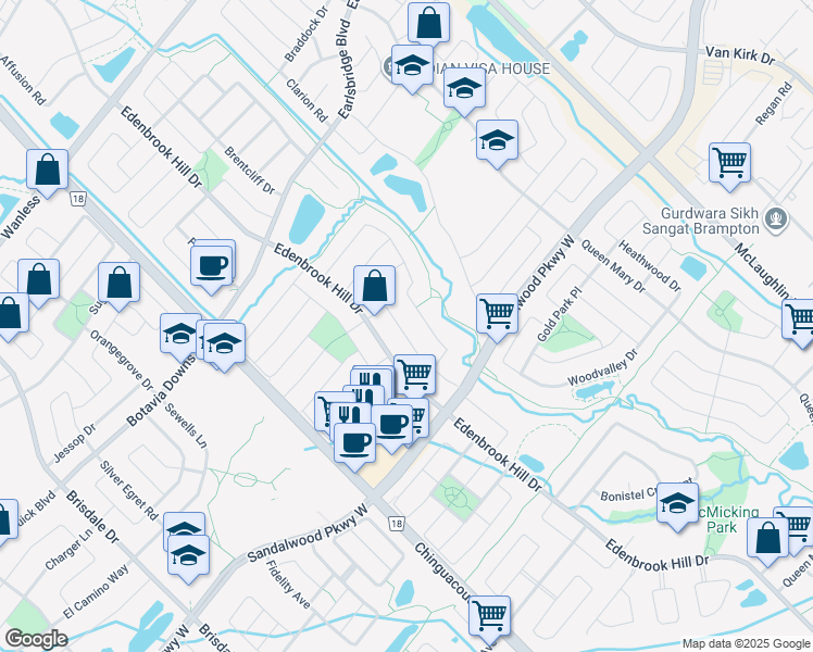 map of restaurants, bars, coffee shops, grocery stores, and more near 29 Newark Way in Brampton