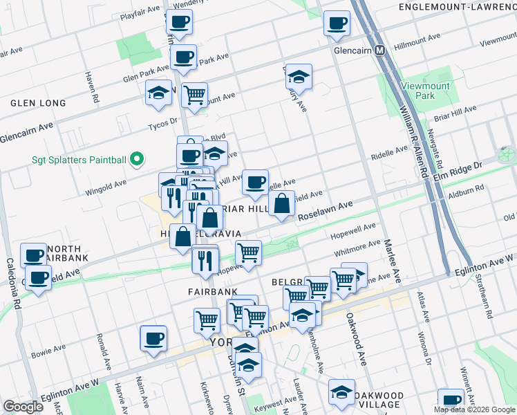 map of restaurants, bars, coffee shops, grocery stores, and more near 159 Locksley Avenue in Toronto