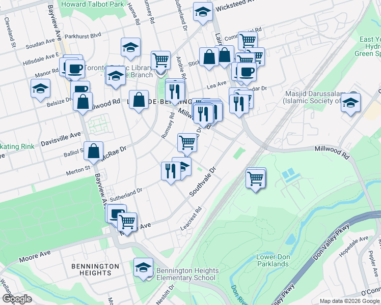map of restaurants, bars, coffee shops, grocery stores, and more near 117 Sutherland Drive in Toronto