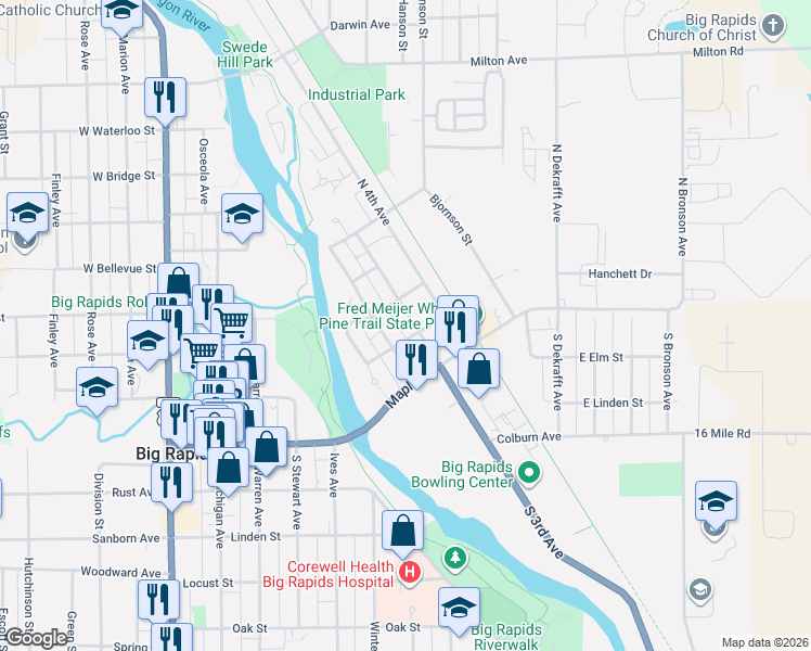 map of restaurants, bars, coffee shops, grocery stores, and more near 124 2nd Avenue in Big Rapids