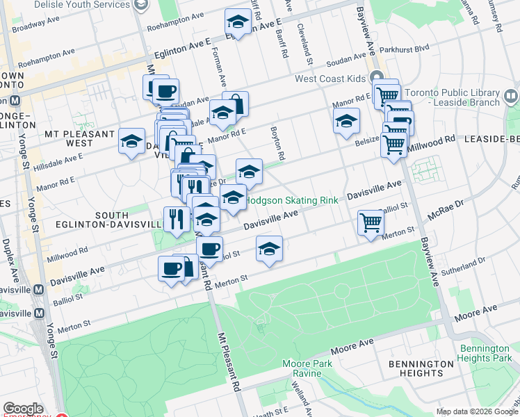 map of restaurants, bars, coffee shops, grocery stores, and more near 19 Belle Ayre Boulevard in Toronto