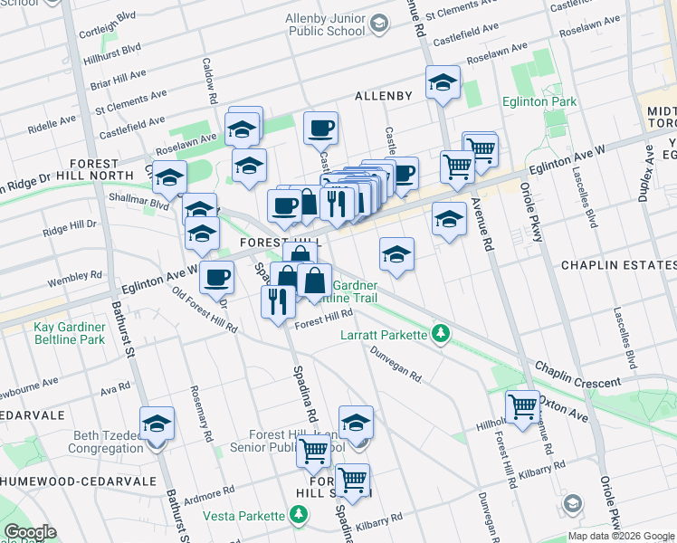 map of restaurants, bars, coffee shops, grocery stores, and more near 281 Chaplin Crescent in Toronto