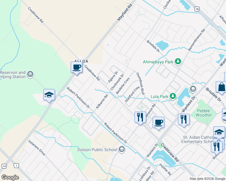 map of restaurants, bars, coffee shops, grocery stores, and more near 64 Enford Crescent in Brampton