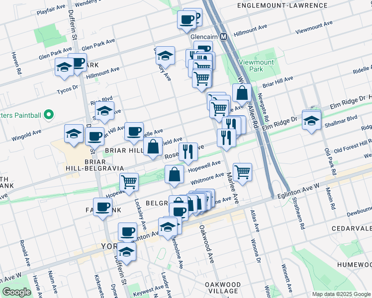 map of restaurants, bars, coffee shops, grocery stores, and more near 2 Danesbury Avenue in Toronto