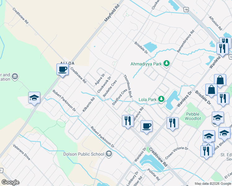 map of restaurants, bars, coffee shops, grocery stores, and more near in Brampton