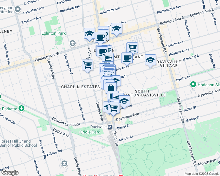 map of restaurants, bars, coffee shops, grocery stores, and more near 2039 Yonge Street in Toronto