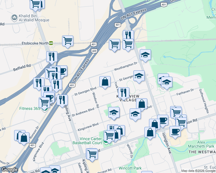 map of restaurants, bars, coffee shops, grocery stores, and more near 43 Saint Georges Boulevard in Toronto