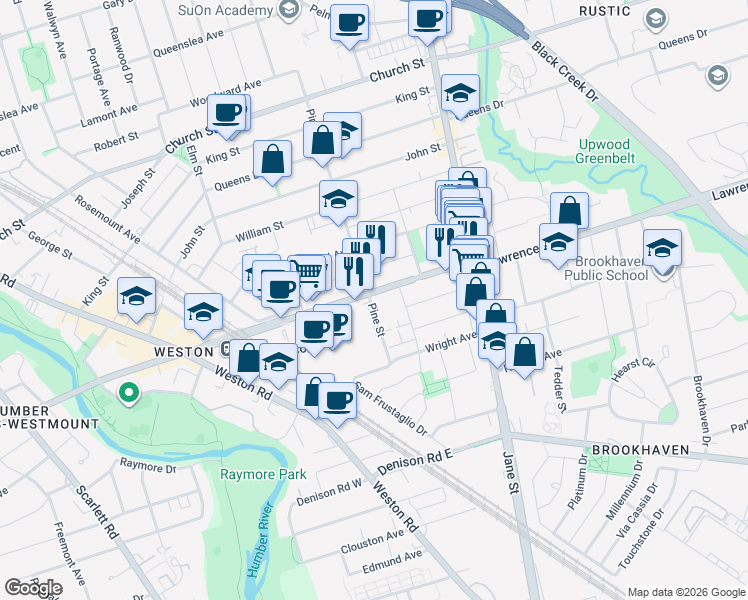 map of restaurants, bars, coffee shops, grocery stores, and more near 11 Pine Street in Toronto