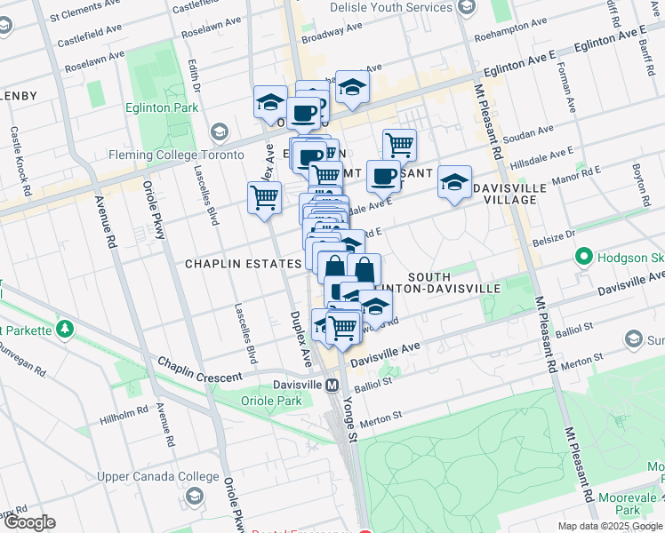map of restaurants, bars, coffee shops, grocery stores, and more near 2039 Yonge Street in Toronto
