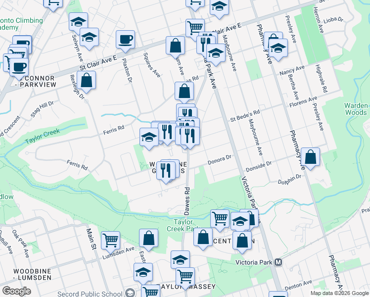 map of restaurants, bars, coffee shops, grocery stores, and more near 468A Dawes Road in Toronto