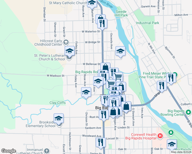 map of restaurants, bars, coffee shops, grocery stores, and more near 406 Marion Avenue in Big Rapids