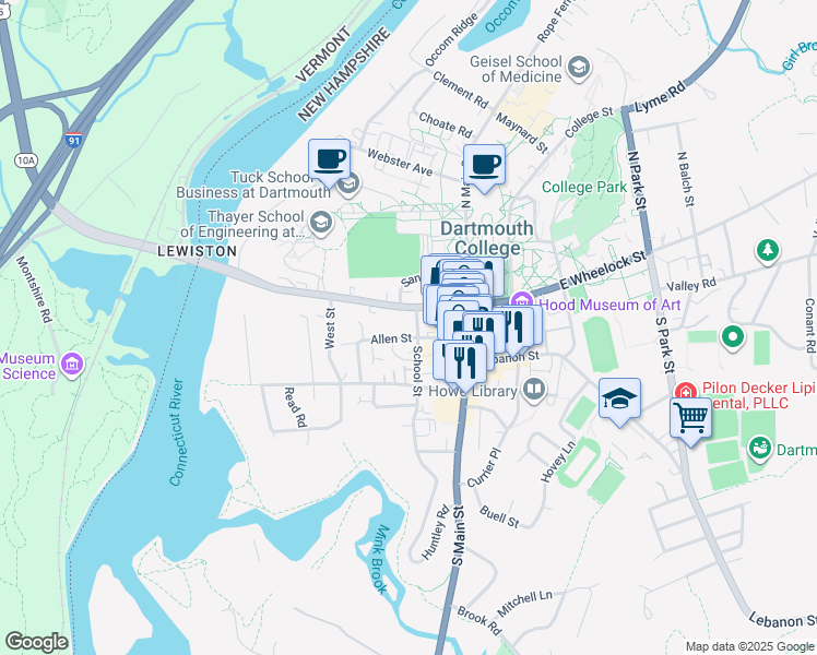map of restaurants, bars, coffee shops, grocery stores, and more near 17 West Wheelock Street in Hanover
