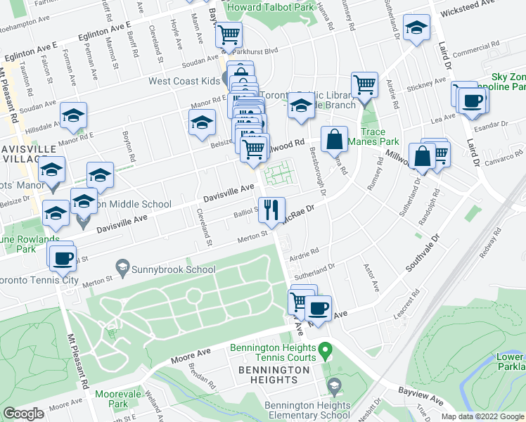 map of restaurants, bars, coffee shops, grocery stores, and more near in Toronto