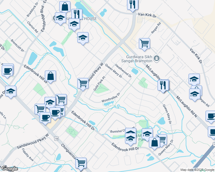 map of restaurants, bars, coffee shops, grocery stores, and more near 12 Poplar Plains Road in Brampton