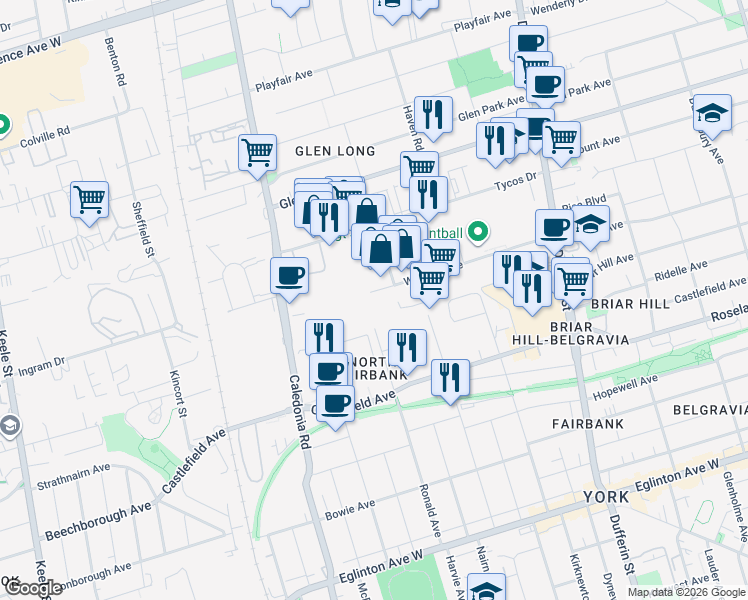 map of restaurants, bars, coffee shops, grocery stores, and more near 105 Wingold Avenue in Toronto